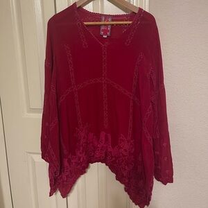 Johnny Was Deep Red Embroidered Blouse